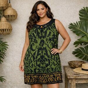 Y2K Dressbarn Shift Dress Plus Sz 22 Green Black Beaded Neckline Boho Artsy